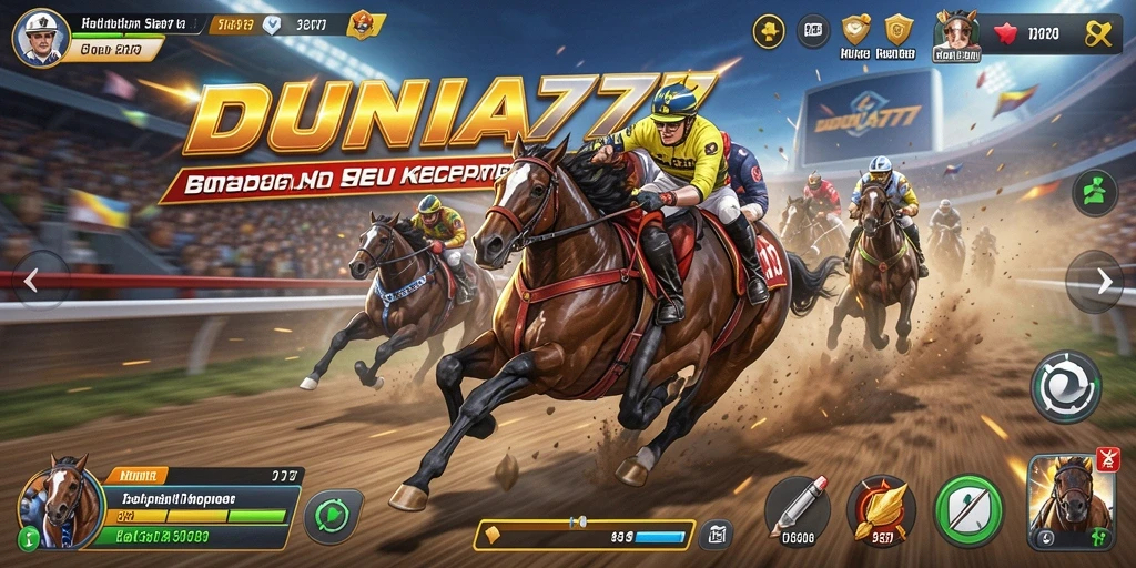 Gameplay seru DUNIA777 dengan mobil balap melaju cepat di lintasan.