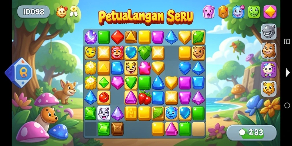 Tampilan gameplay seru dalam game Match-3 dengan kombinasi warna menarik.