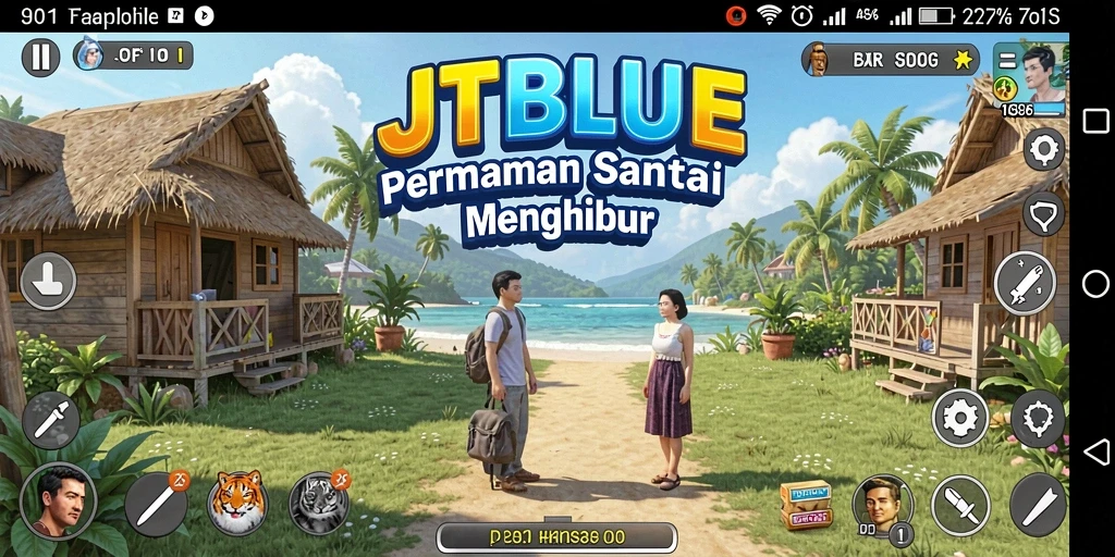 Tampilan gameplay JTBLUE dengan karakter-karakter lucu dan warna cerah.