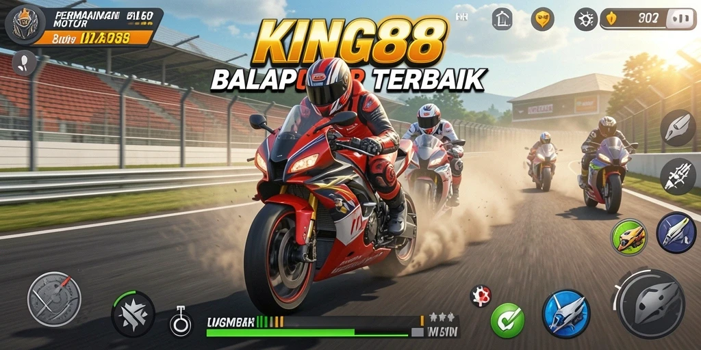 Gameplay KING88 yang mendebarkan dengan motor balap yang cepat.