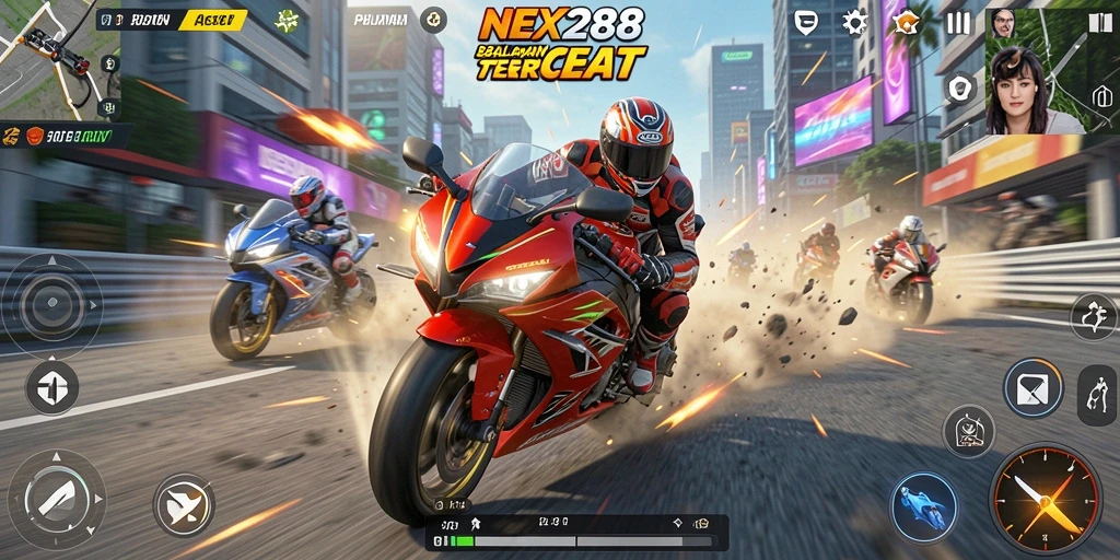 Screenshot NEX288 menampilkan aksi balapan motor yang mendebarkan.