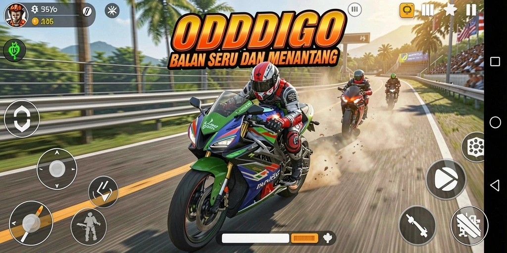 Tampilan gameplay ODDIGO saat balapan motor yang mendebarkan.