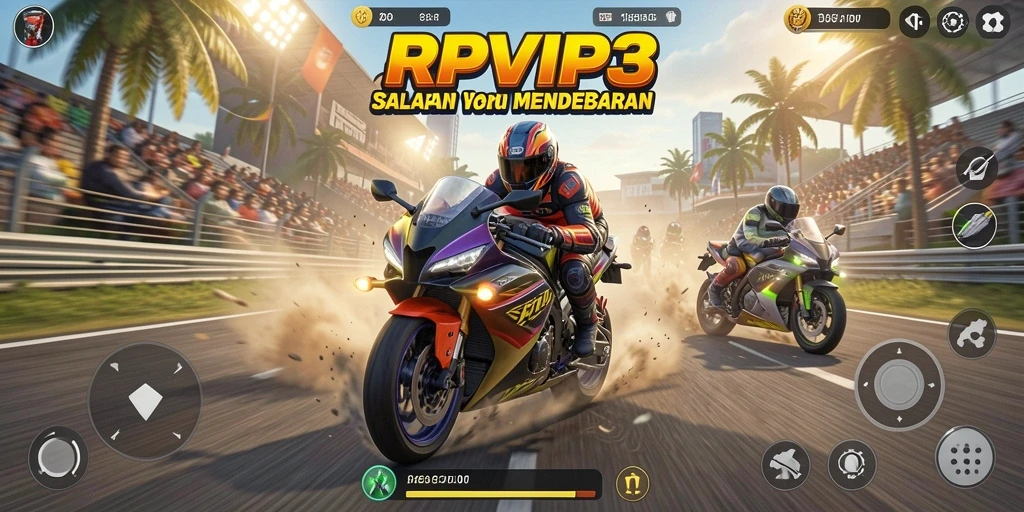 Tampilan seru gameplay RPVIP3 dengan balapan motor yang mendebarkan.